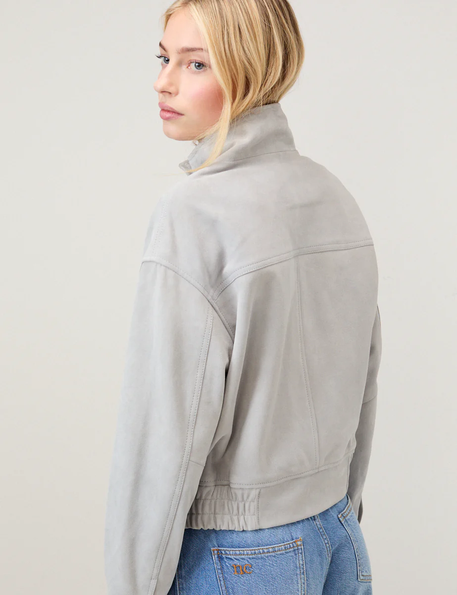 Grey Funnel Neck Suede Bomber - Image 5
