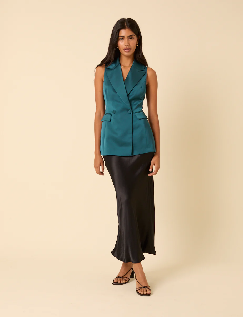 Turquoise Satin Sleeveless Blazer - Image 4