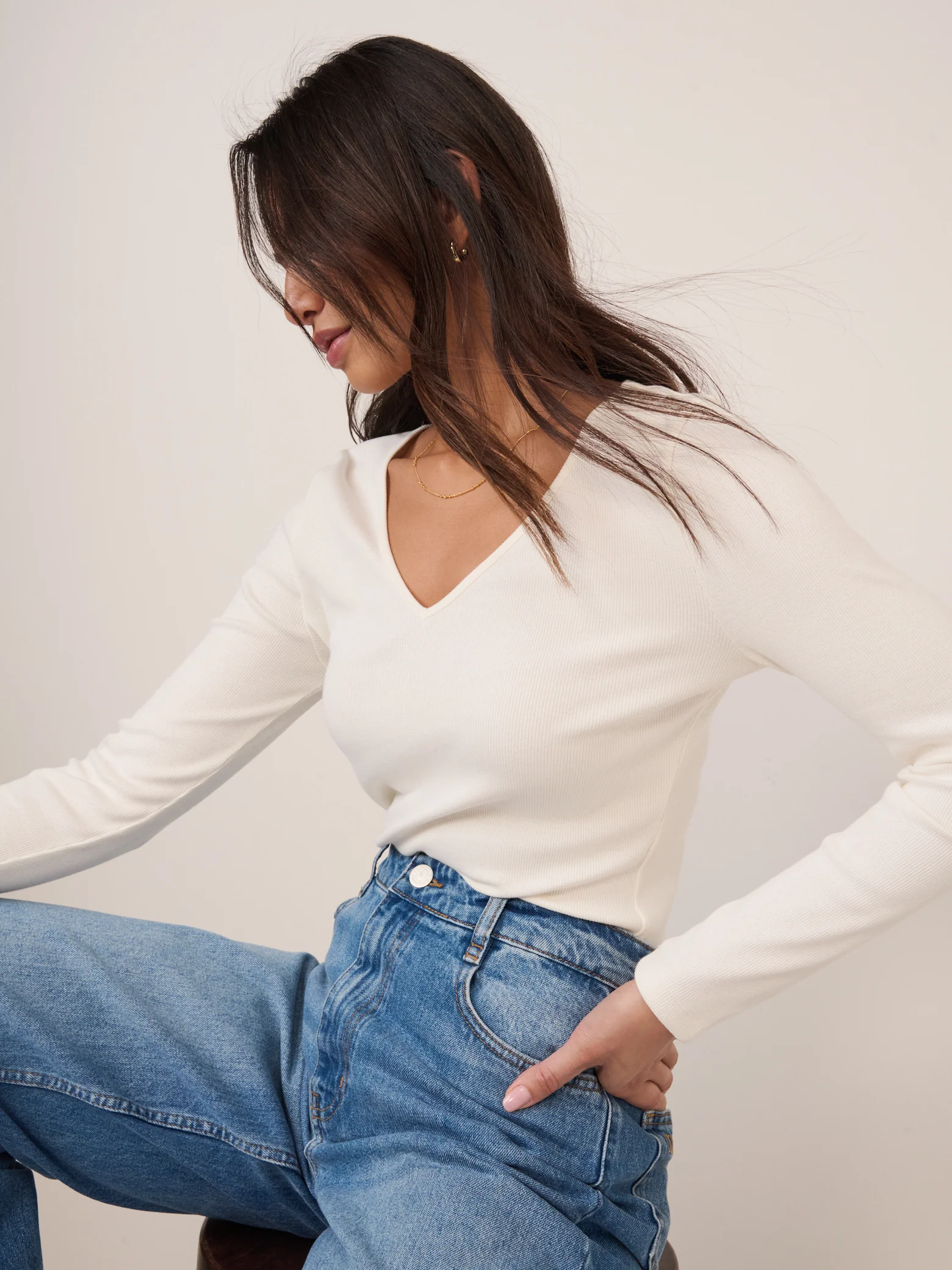 Cream V Neck Long Sleeve Ribbed Top - Image 4
