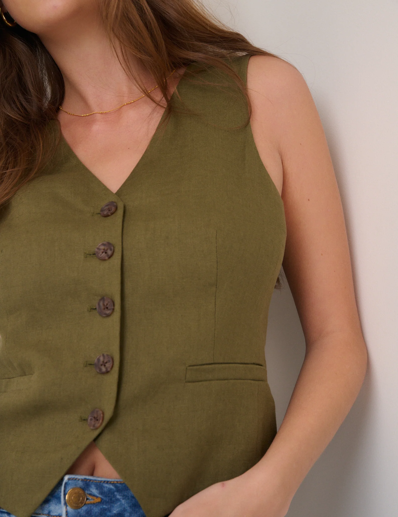 Khaki V-Neck Linen-Blend Waistcoat - Image 5