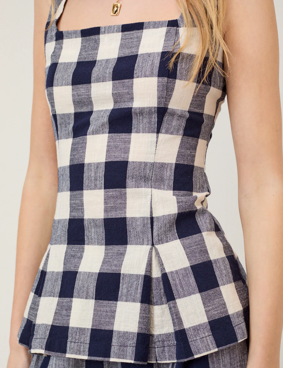 Navy Gingham Square Neck Top - Image 2
