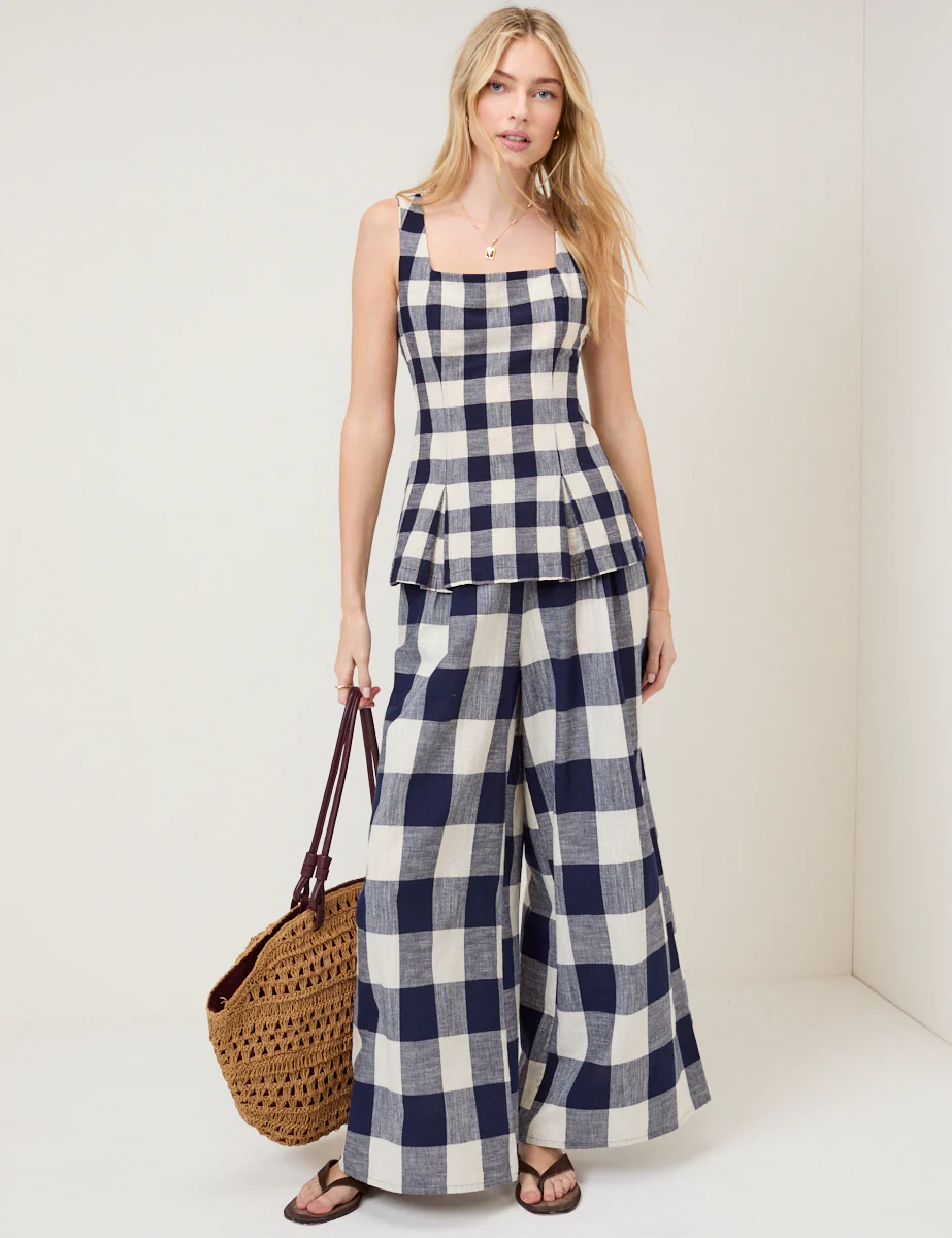 Navy Gingham Square Neck Top - Image 4
