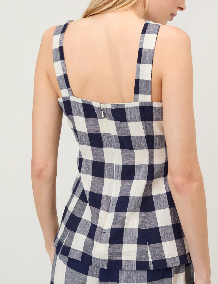 Navy Gingham Square Neck Top - Image 6