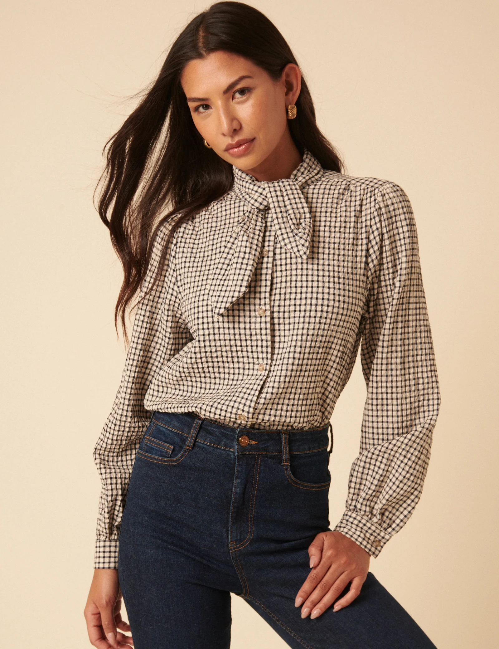 White Check Tie Neck Shirt - Image 3