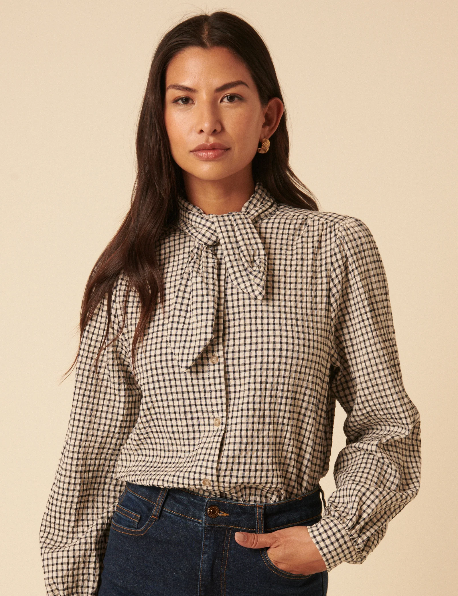 White Check Tie Neck Shirt - Image 4