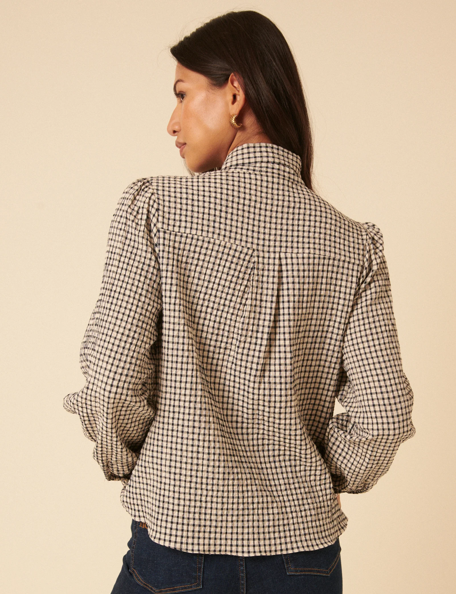 White Check Tie Neck Shirt - Image 5