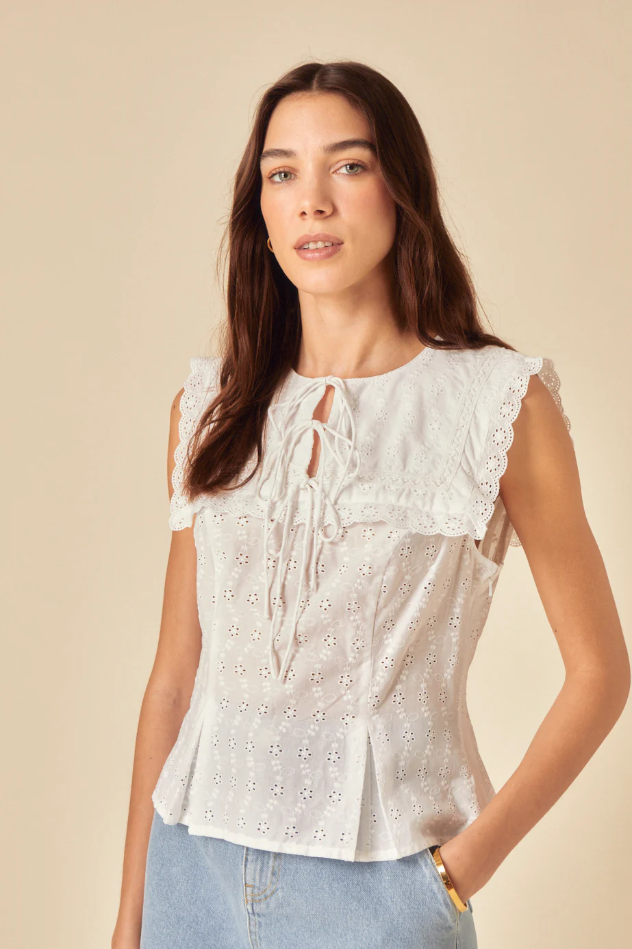 White Collar Broderie Anglaise Top - Image 3