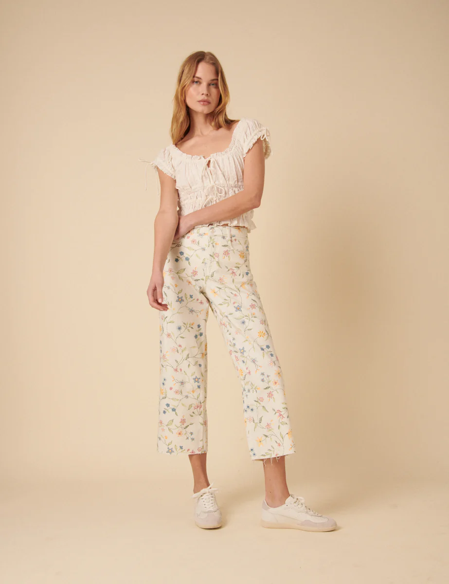 White Floral High Rise Wide Leg Cropped Jeans