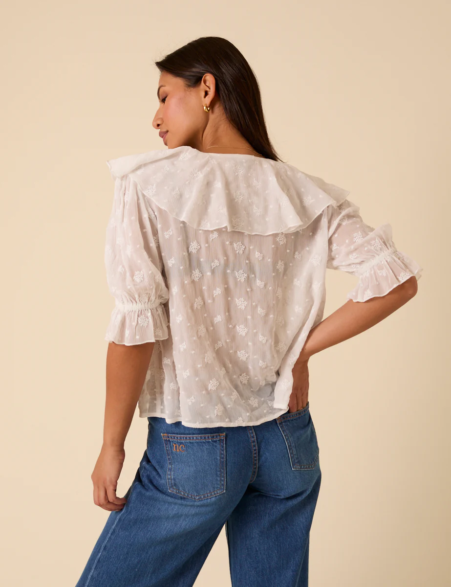 White Embroidered Frill Blouse - Image 5