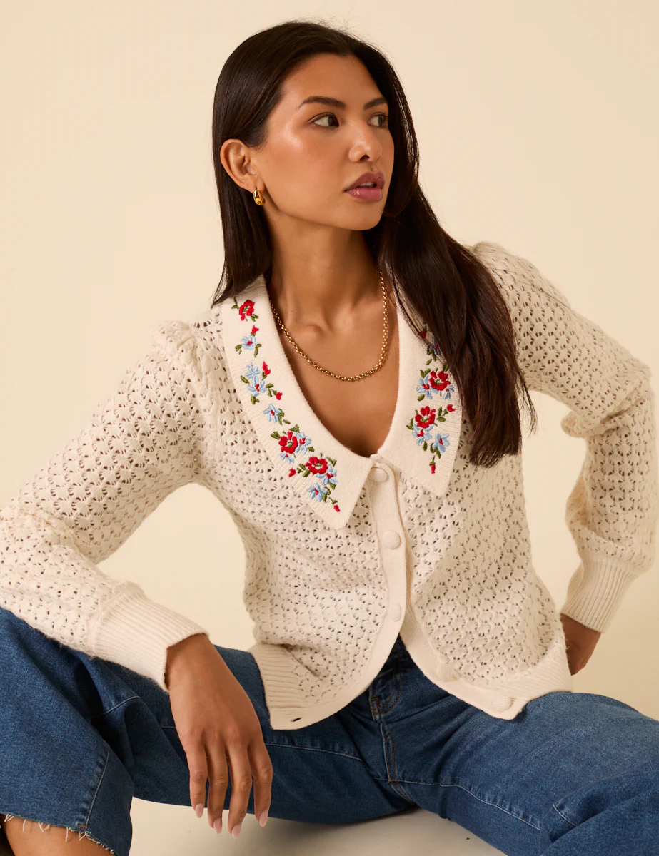 White Embroidered Pointelle Cardigan - Image 5