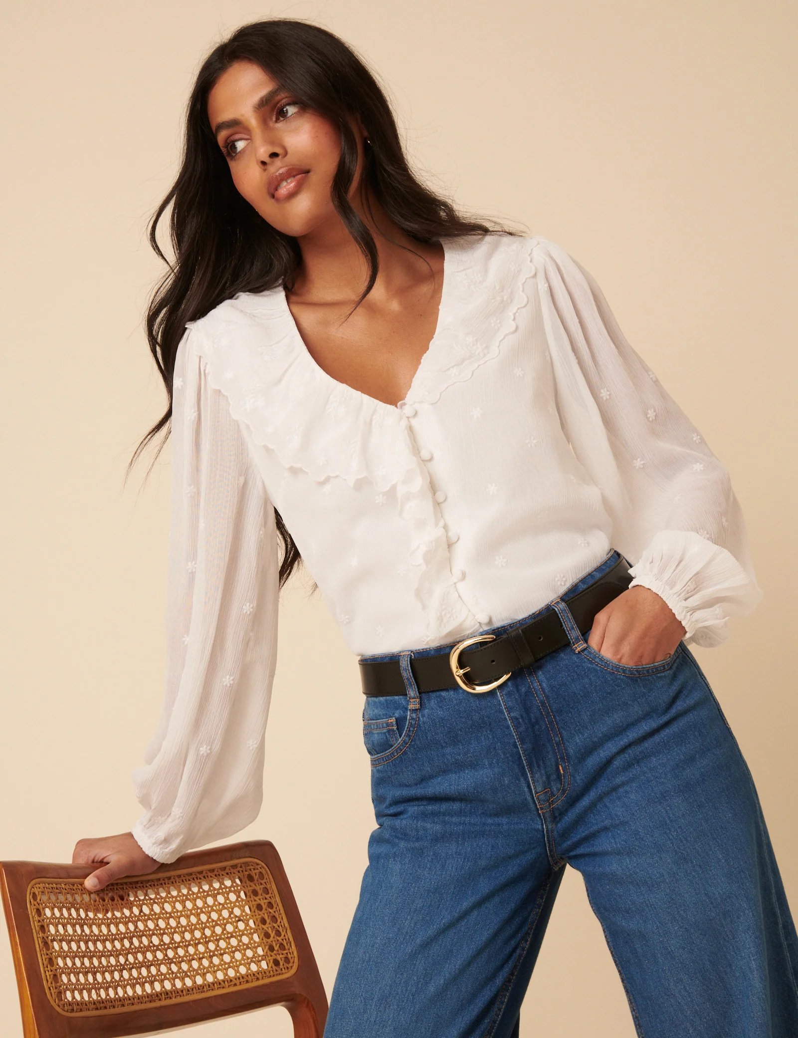 White Floral Embroidered Ruffle Collar Balloon Sleeve Blouse