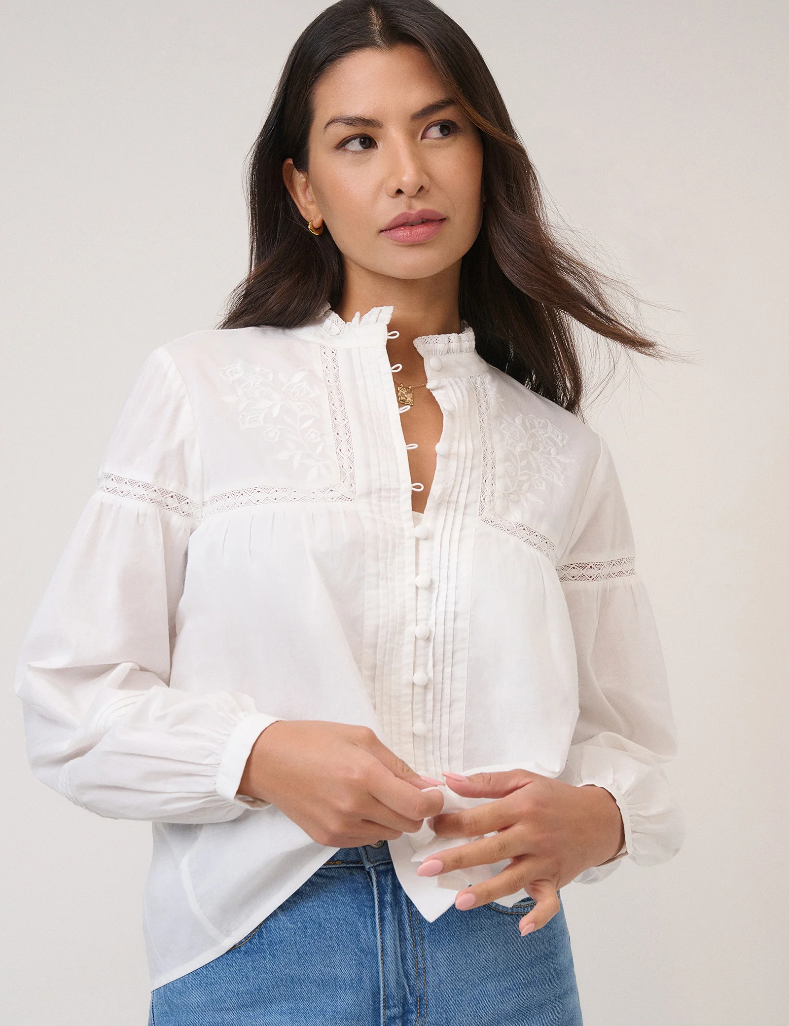 White Floral Embroidered High Neck Blouse - Image 3