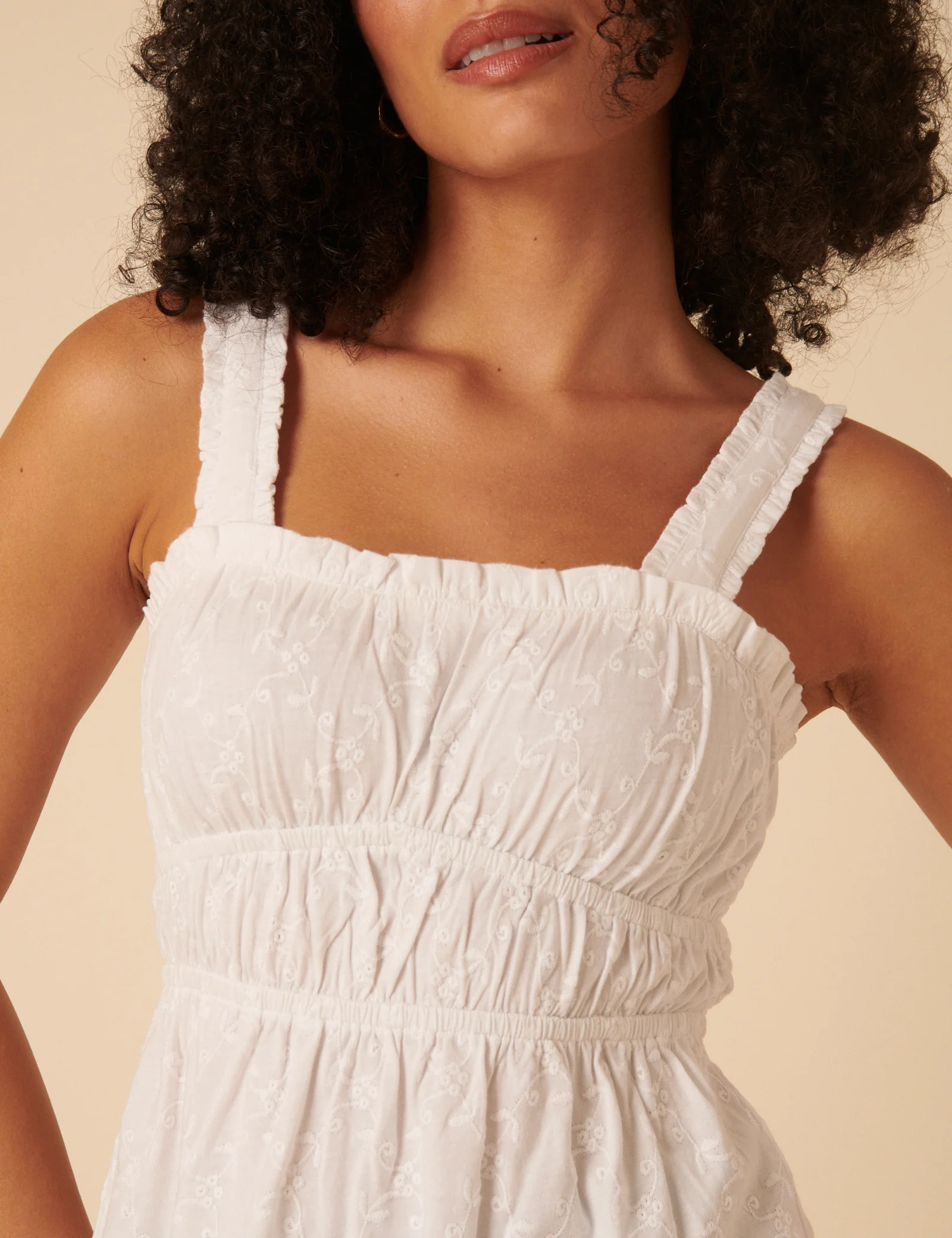 White Floral Embroidered Ruched Bodice Top - Image 4