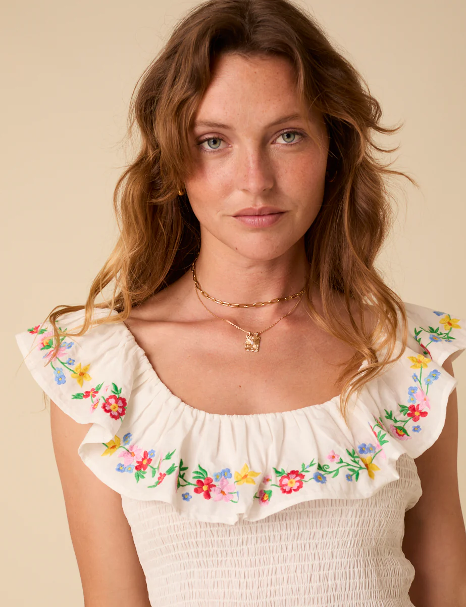 White Floral Embroidered Shirred Top - Image 2