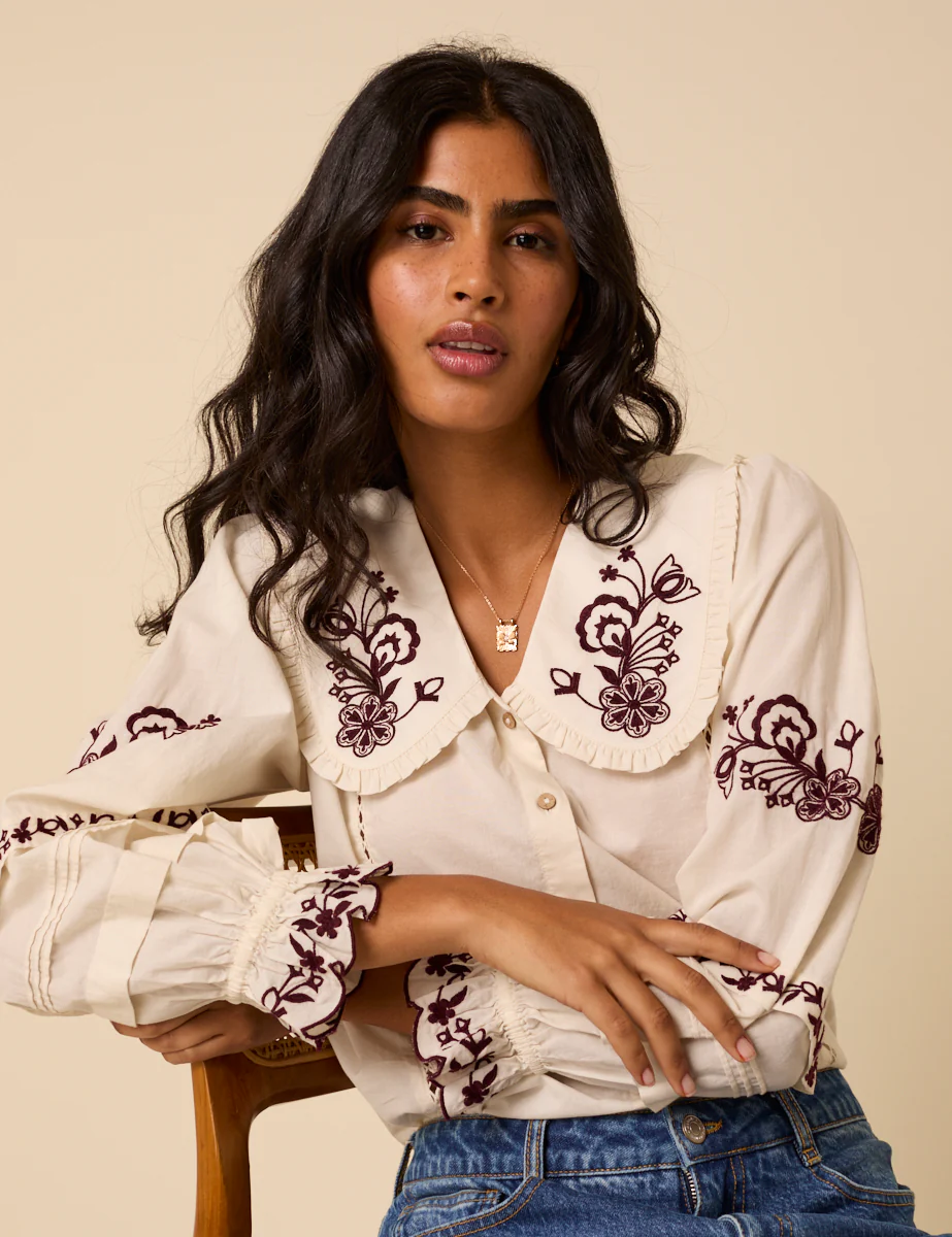 White Floral Embroidered Blouse - Image 3