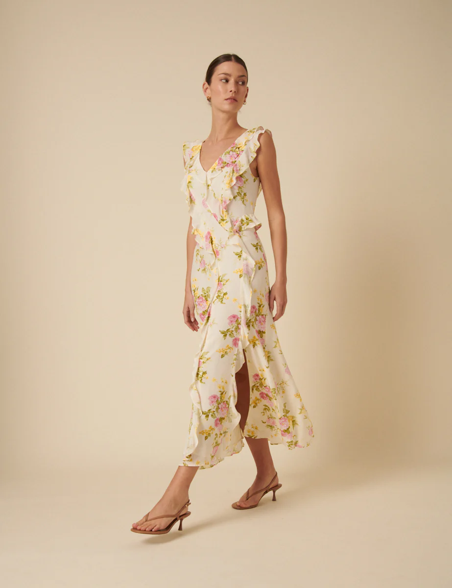 White Floral Frill Viola Midi Dress - Image 4