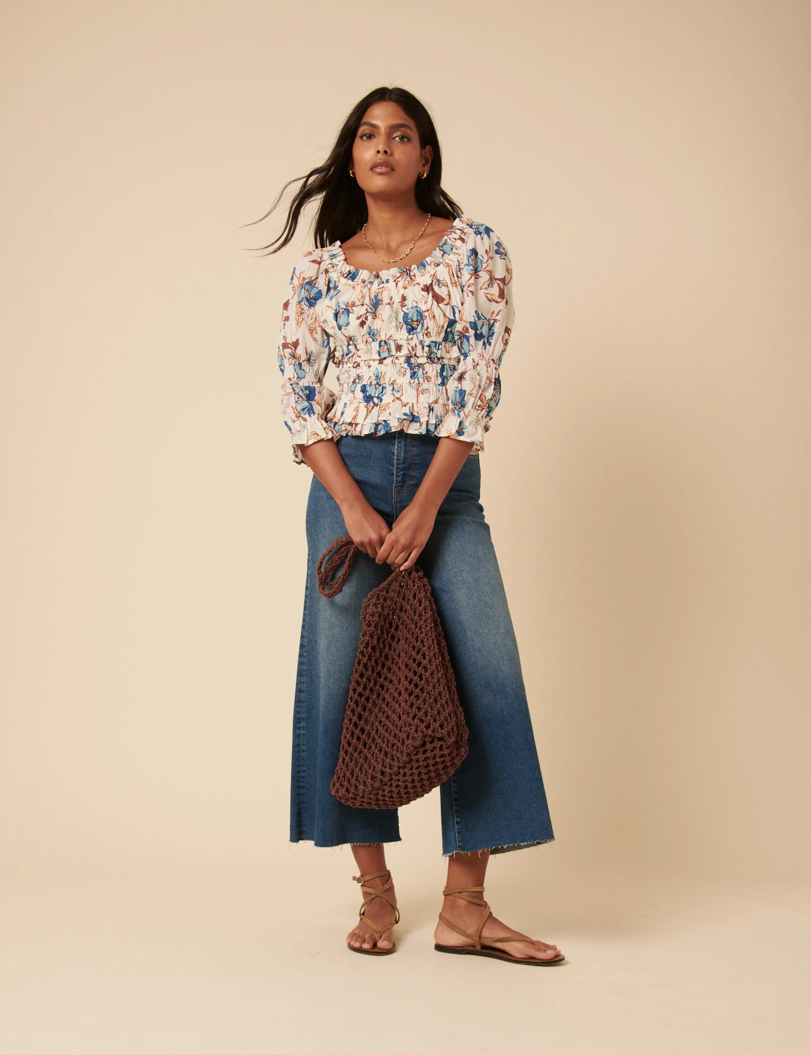 White Floral Shirred Top - Image 3