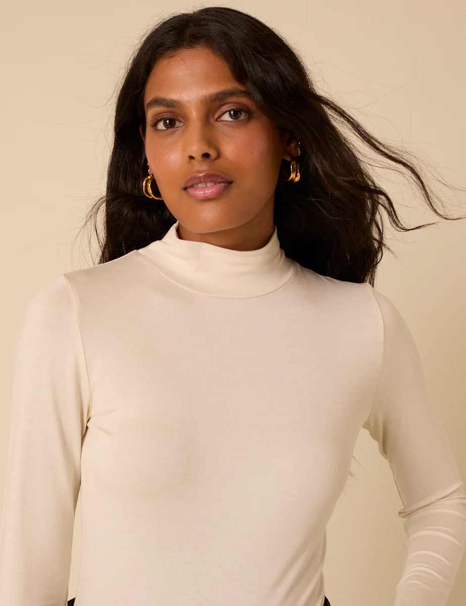 Cream Funnel Neck Long Sleeve Top - Image 2