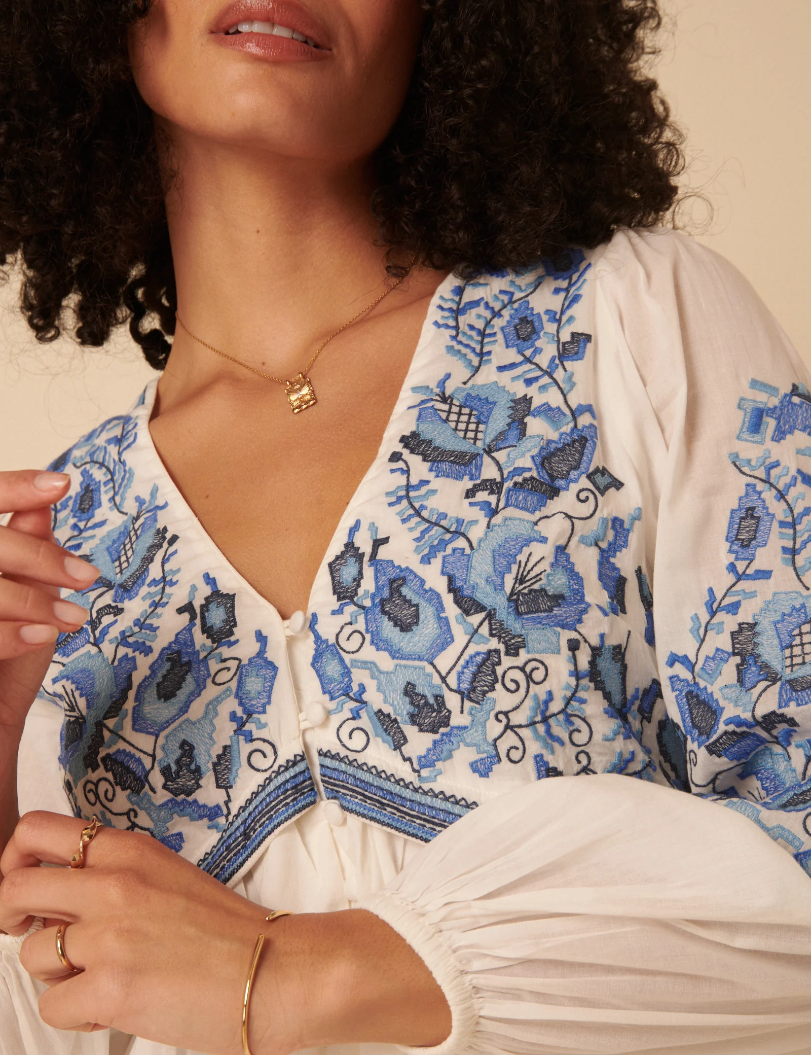 White Long Sleeve Floral Embroidered Trishna Mini Dress - Image 2