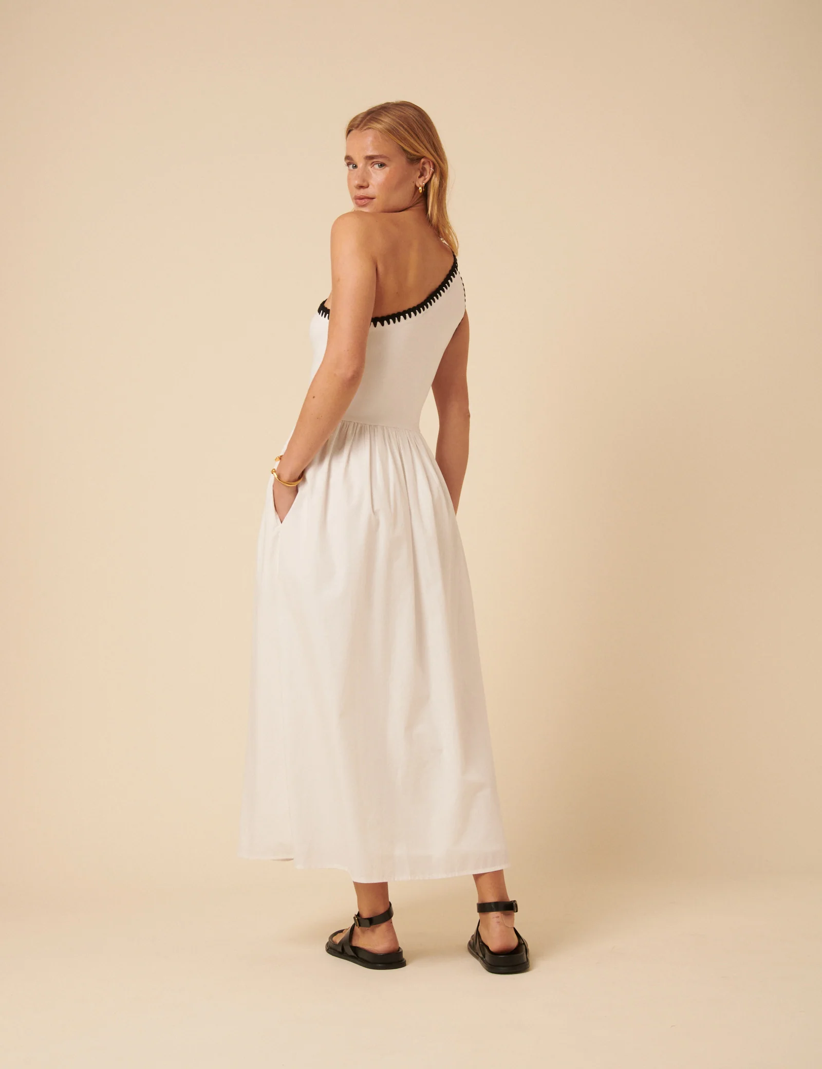 White One Shoulder Crochet Trim Sabrina Midi Dress - Image 5