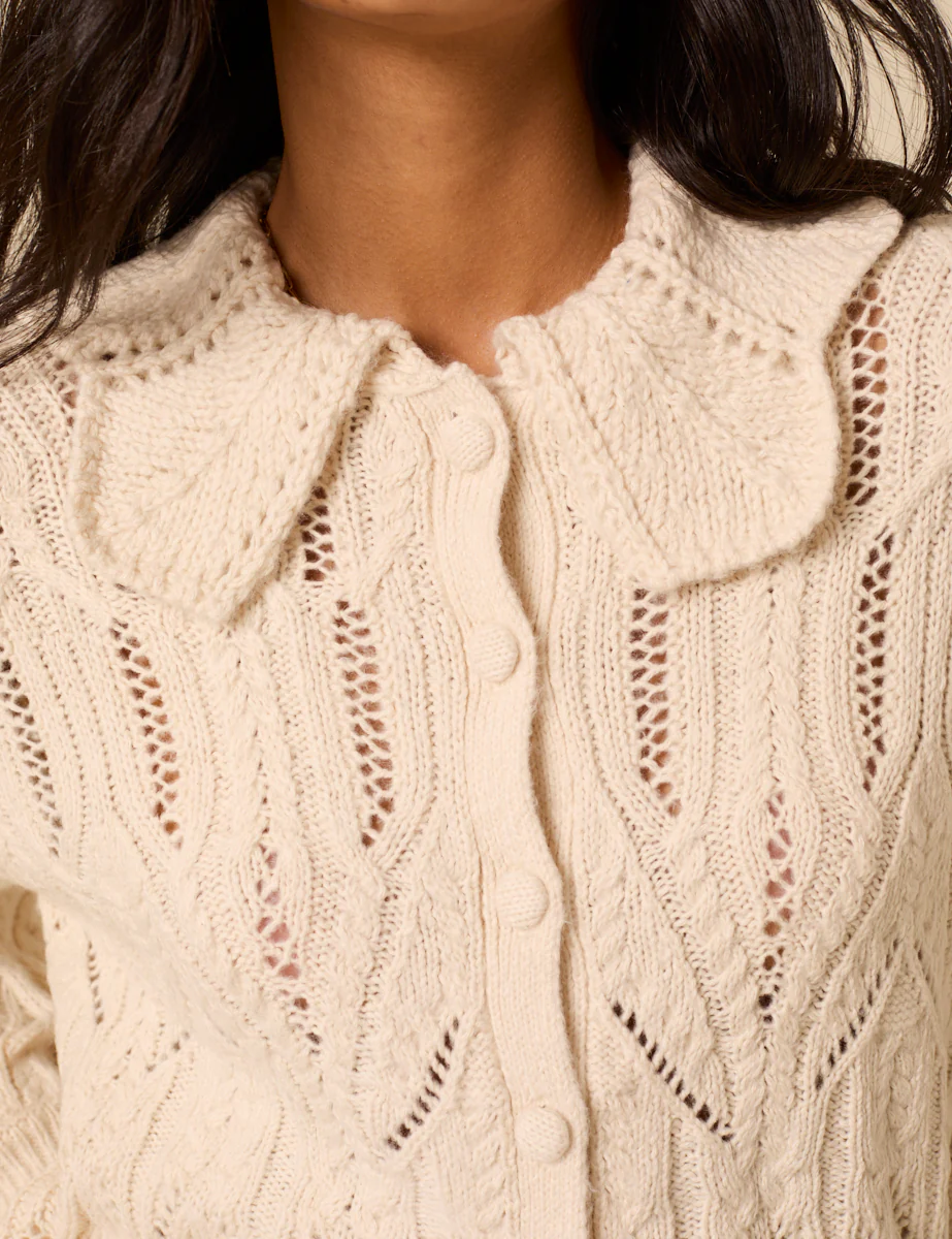 White Pointelle Collared Knitted Cardigan - Image 3