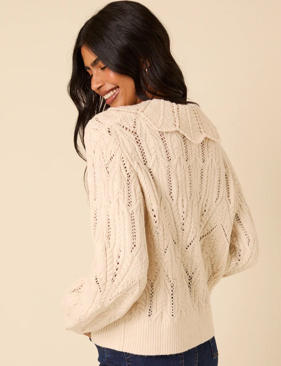 White Pointelle Collared Knitted Cardigan - Image 5