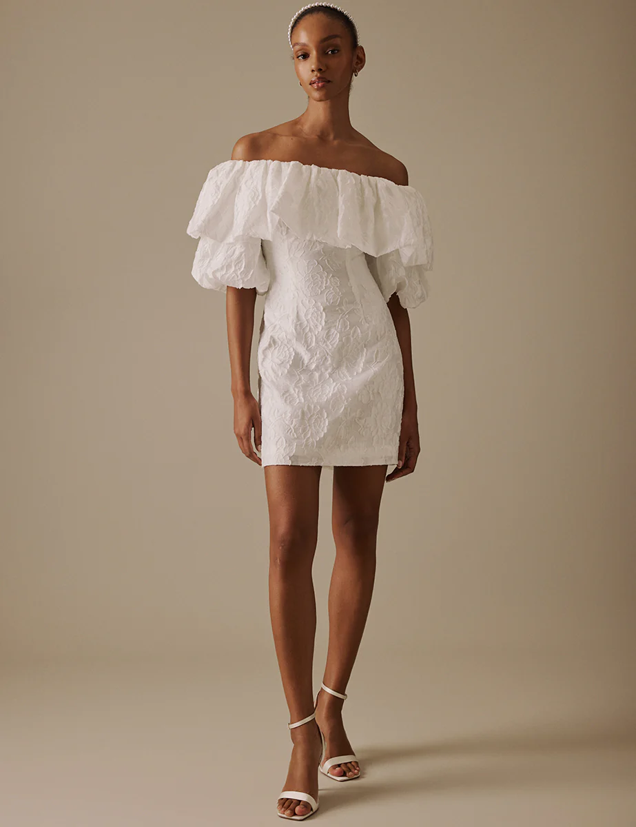 White Puff Sleeve Mini Blakeney Bridal Dress - Image 3