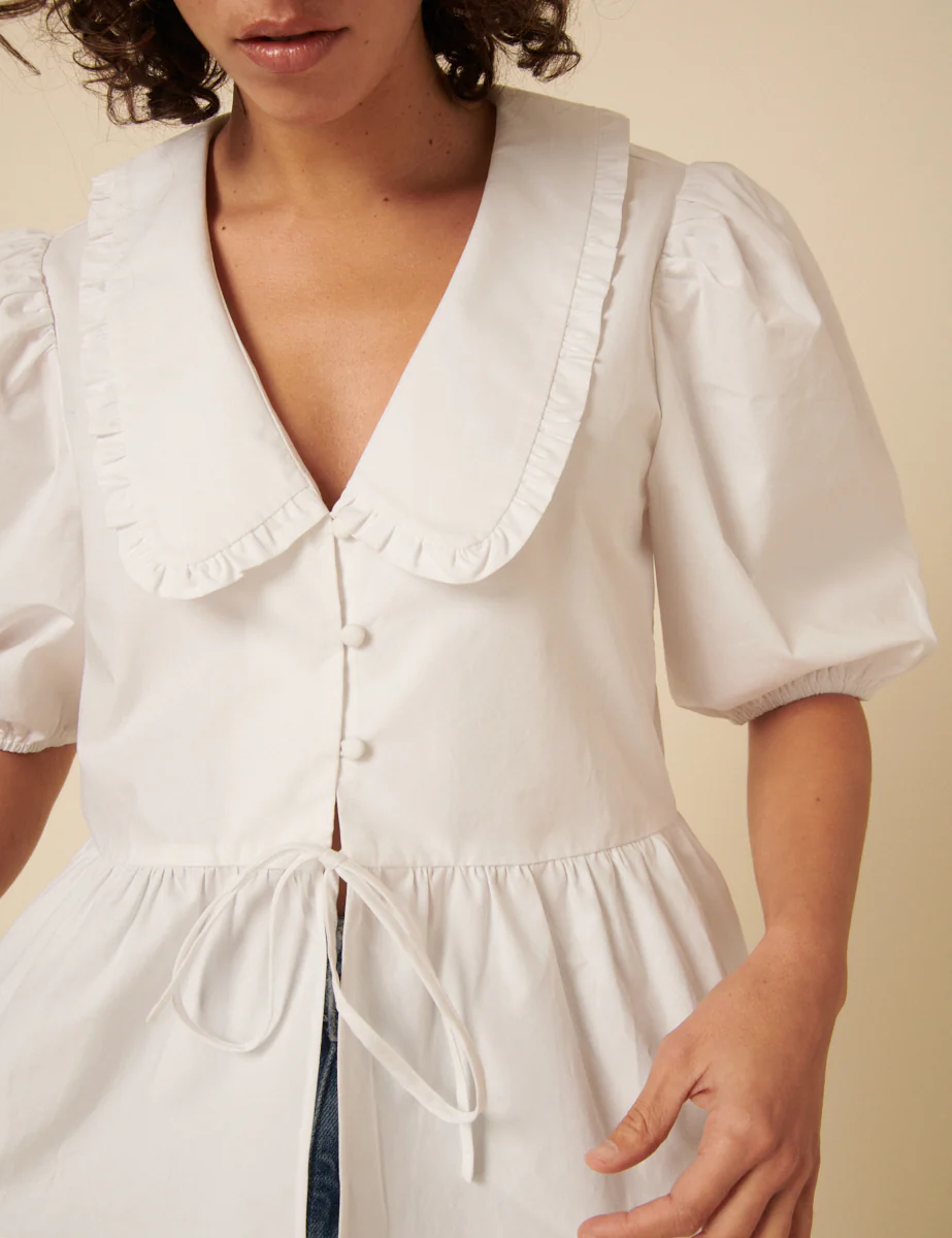 White Puff Sleeve Tie Front Blouse - Image 2