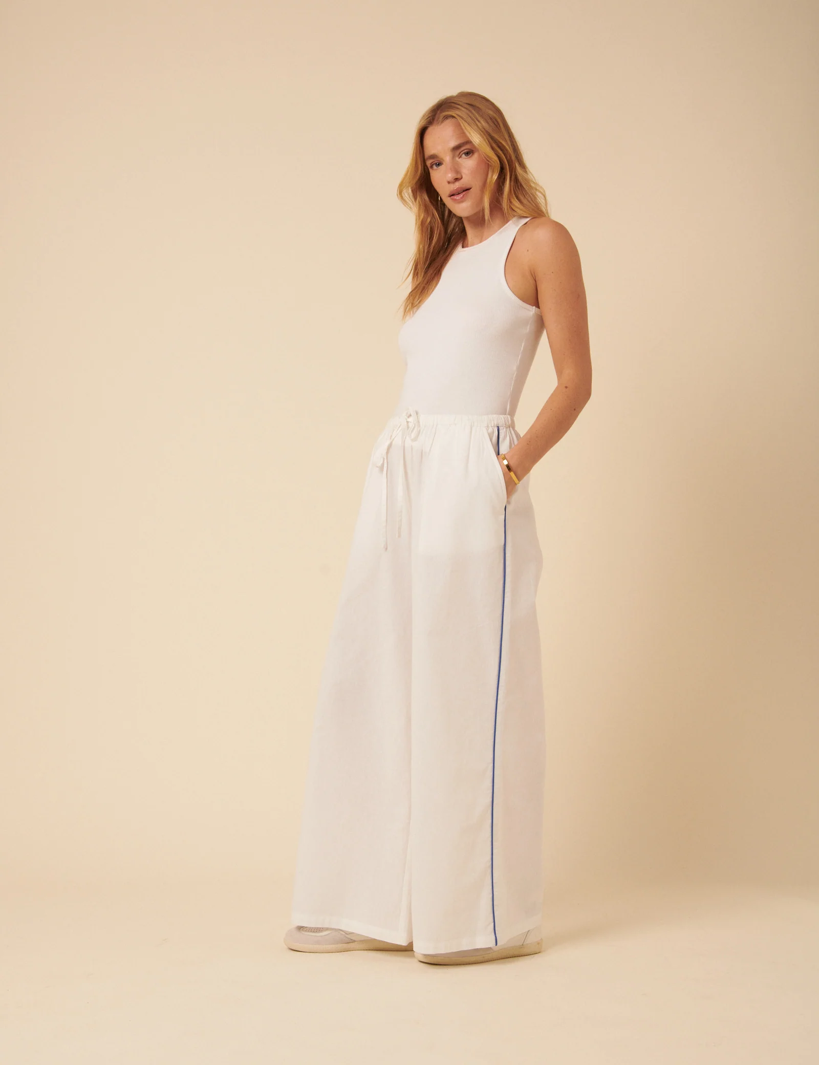 White Side Stripe Wide Leg Trousers