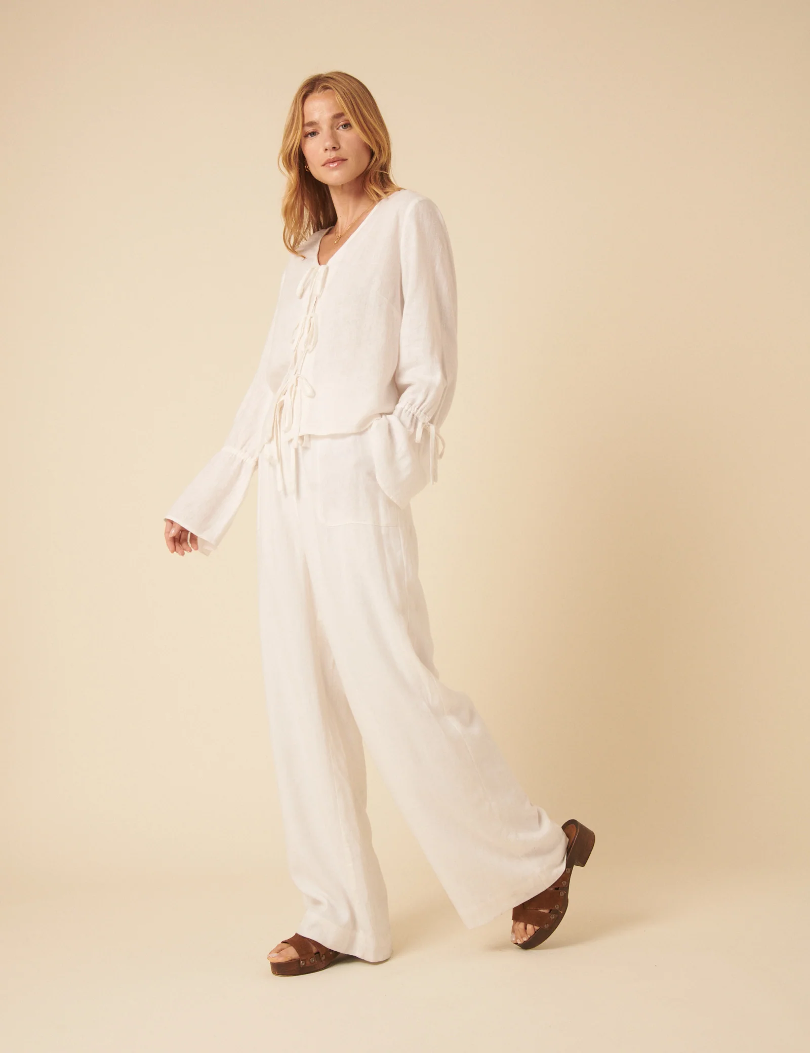 White Linen-blend Tie Front Blouse - Image 3