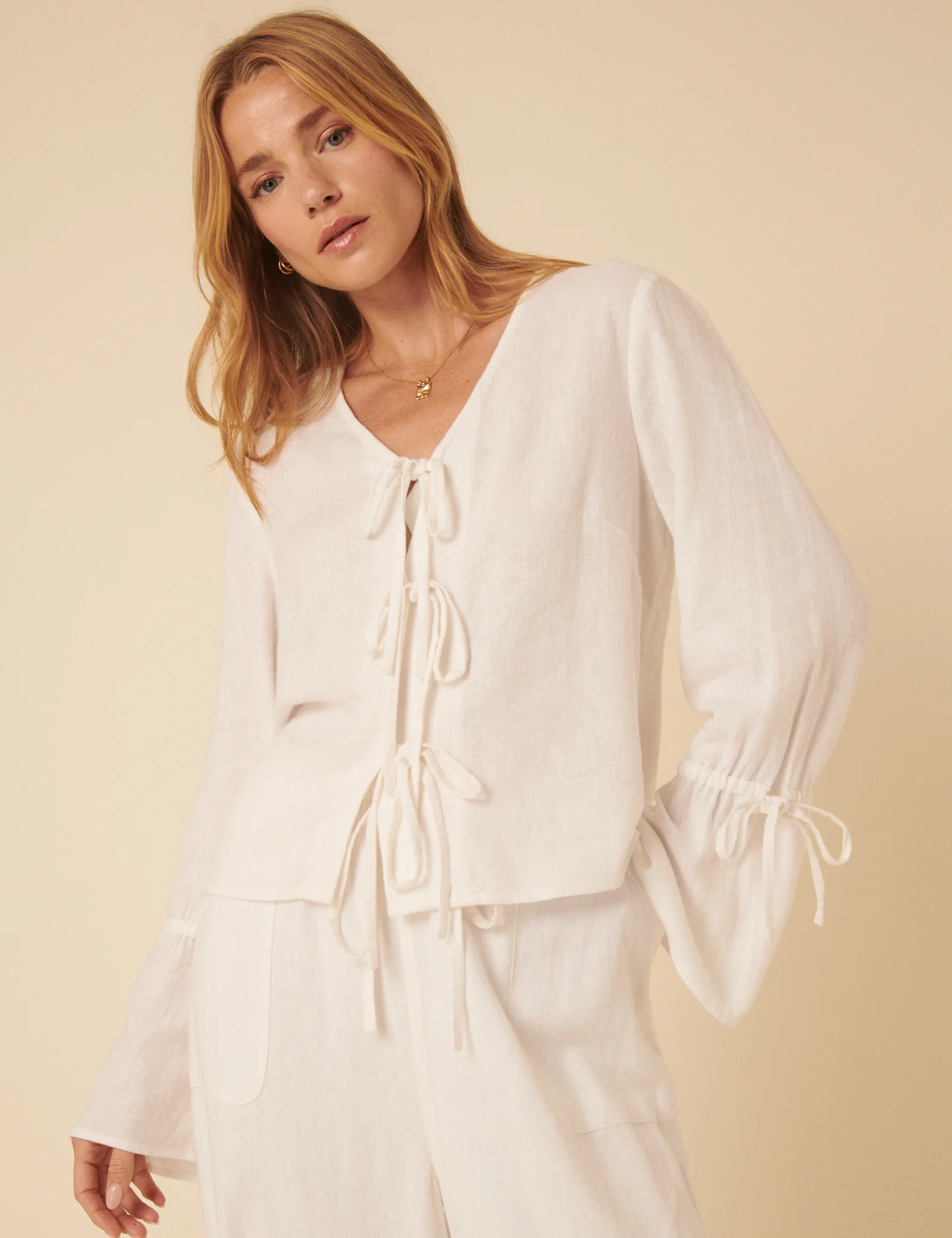 White Linen-blend Tie Front Blouse - Image 4