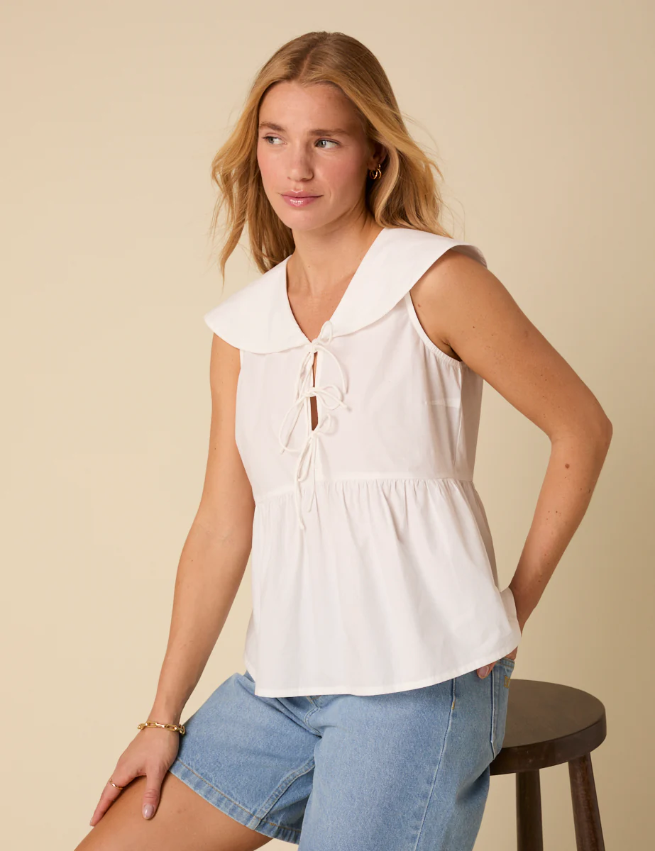 White Tie Front Collared Blouse