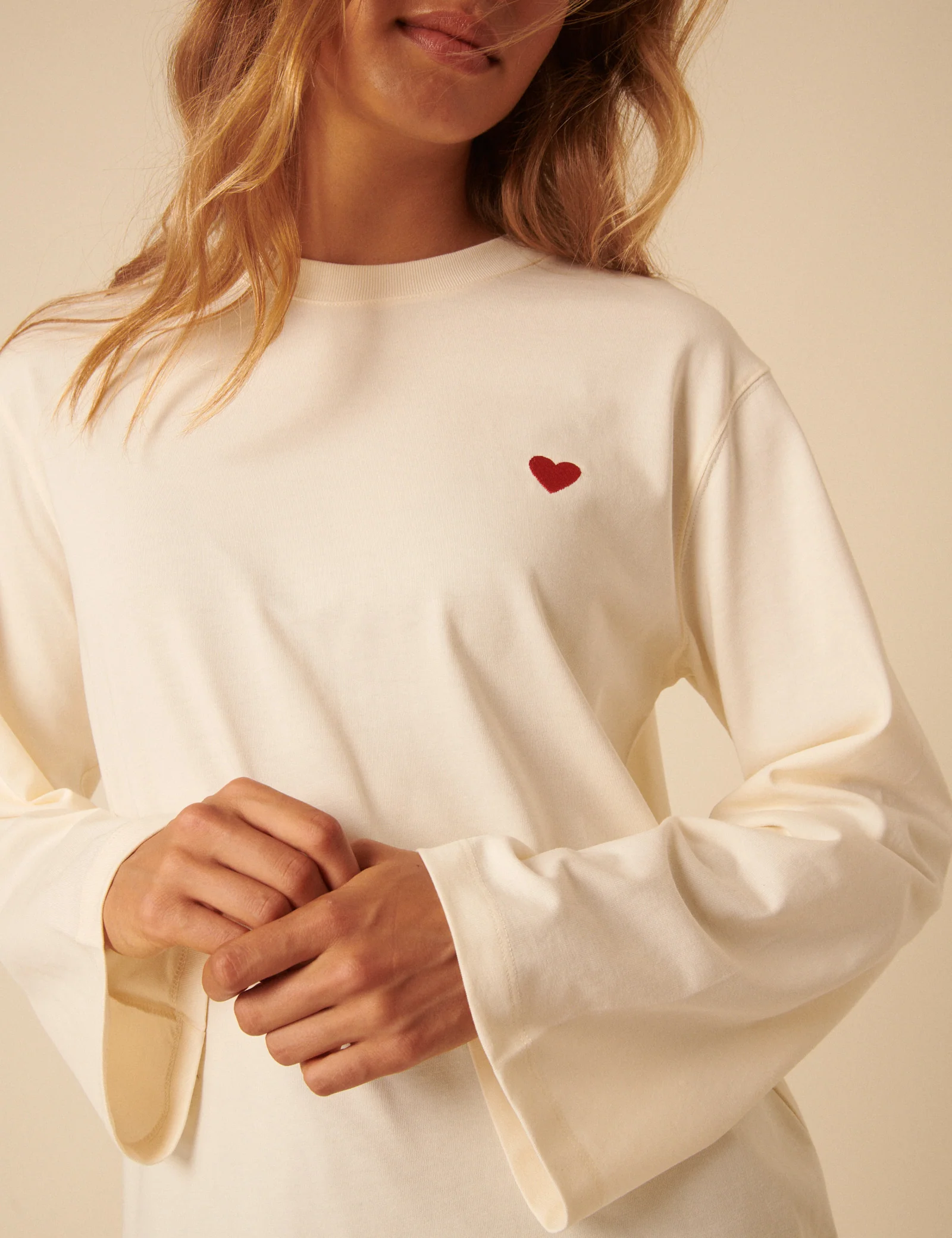 White Wide Long Sleeve Heart T-Shirt - Image 3