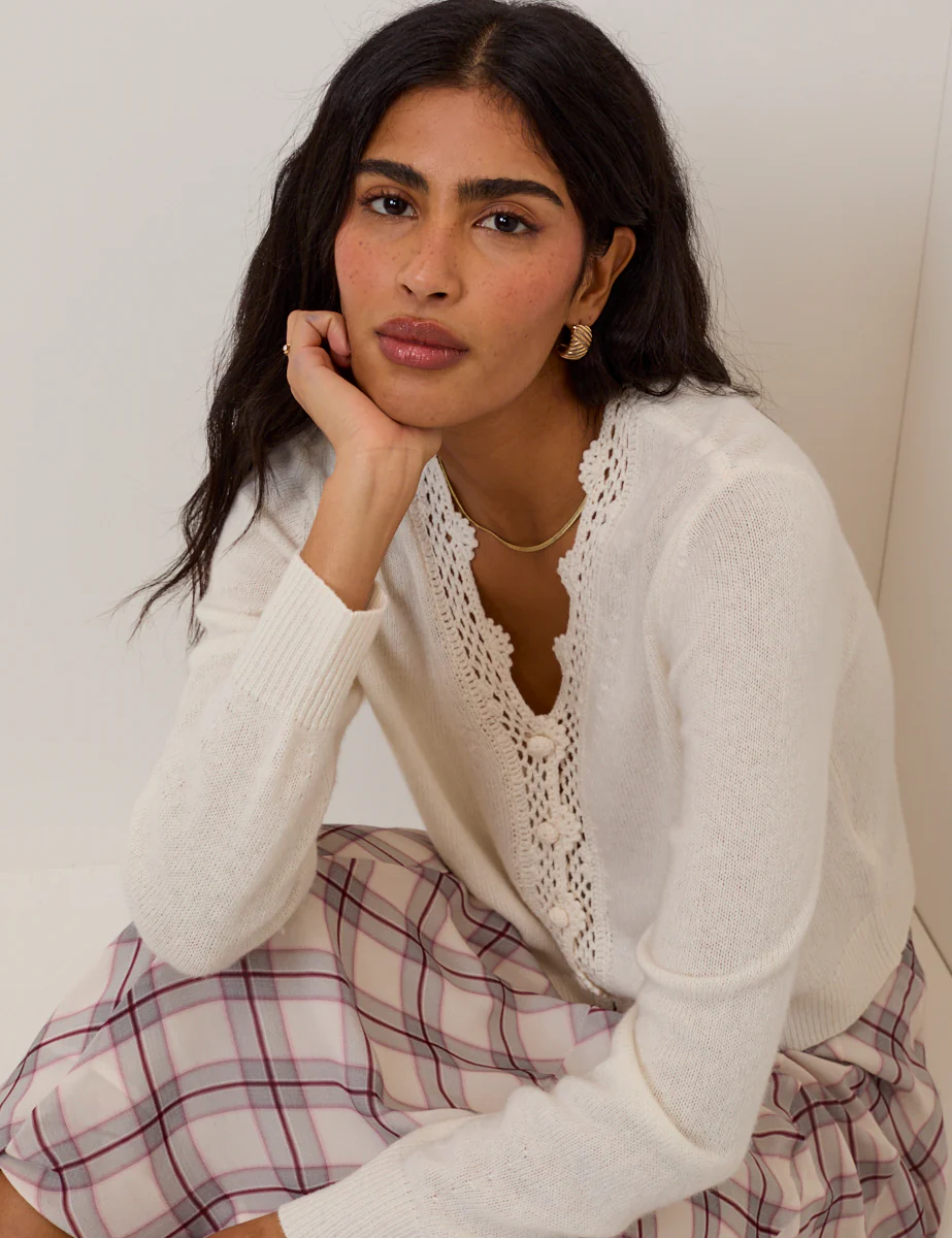 White Wool Blend Crochet Trim V Neck Cardigan - Image 3