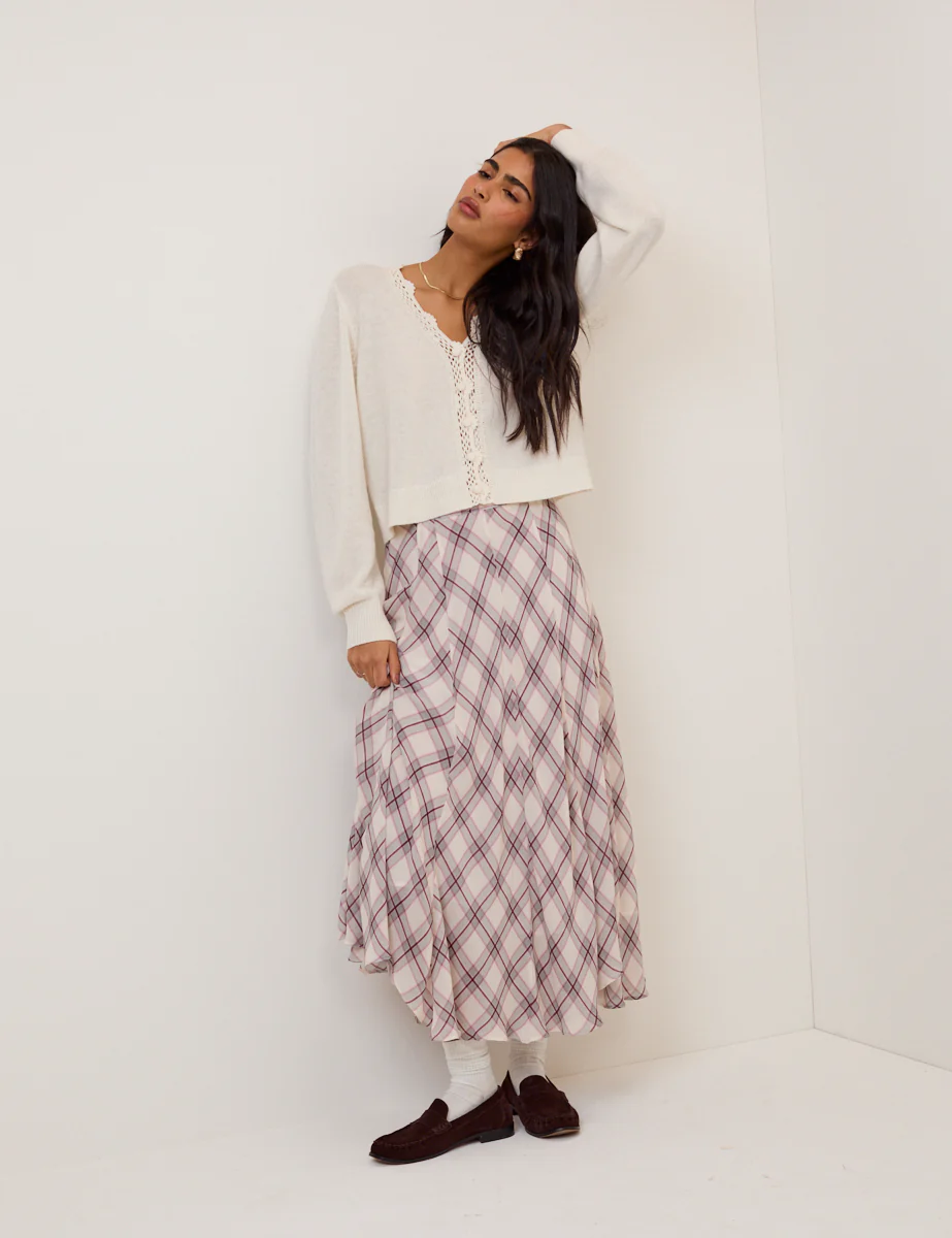 White Wool Blend Crochet Trim V Neck Cardigan - Image 4