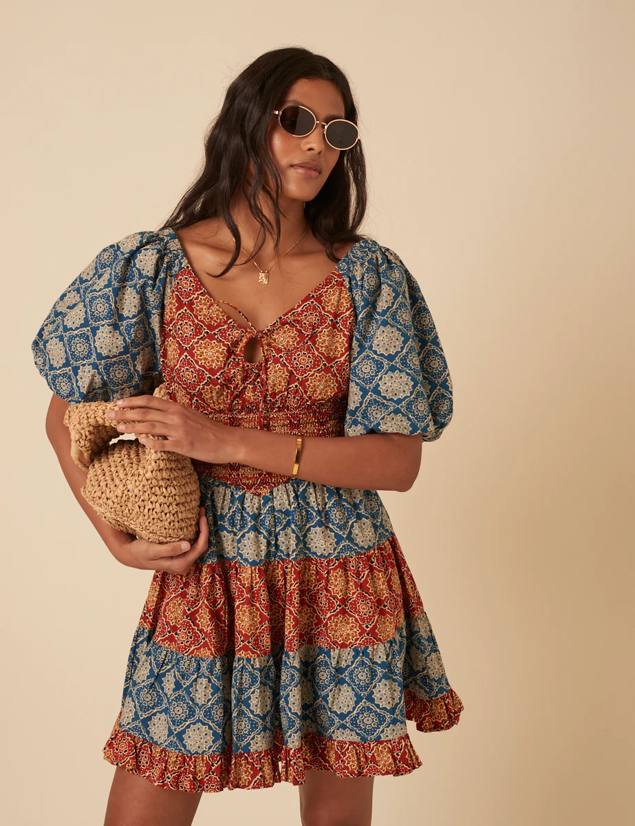 Tile Printed Puff Sleeve Aria Mini Dress - Image 4