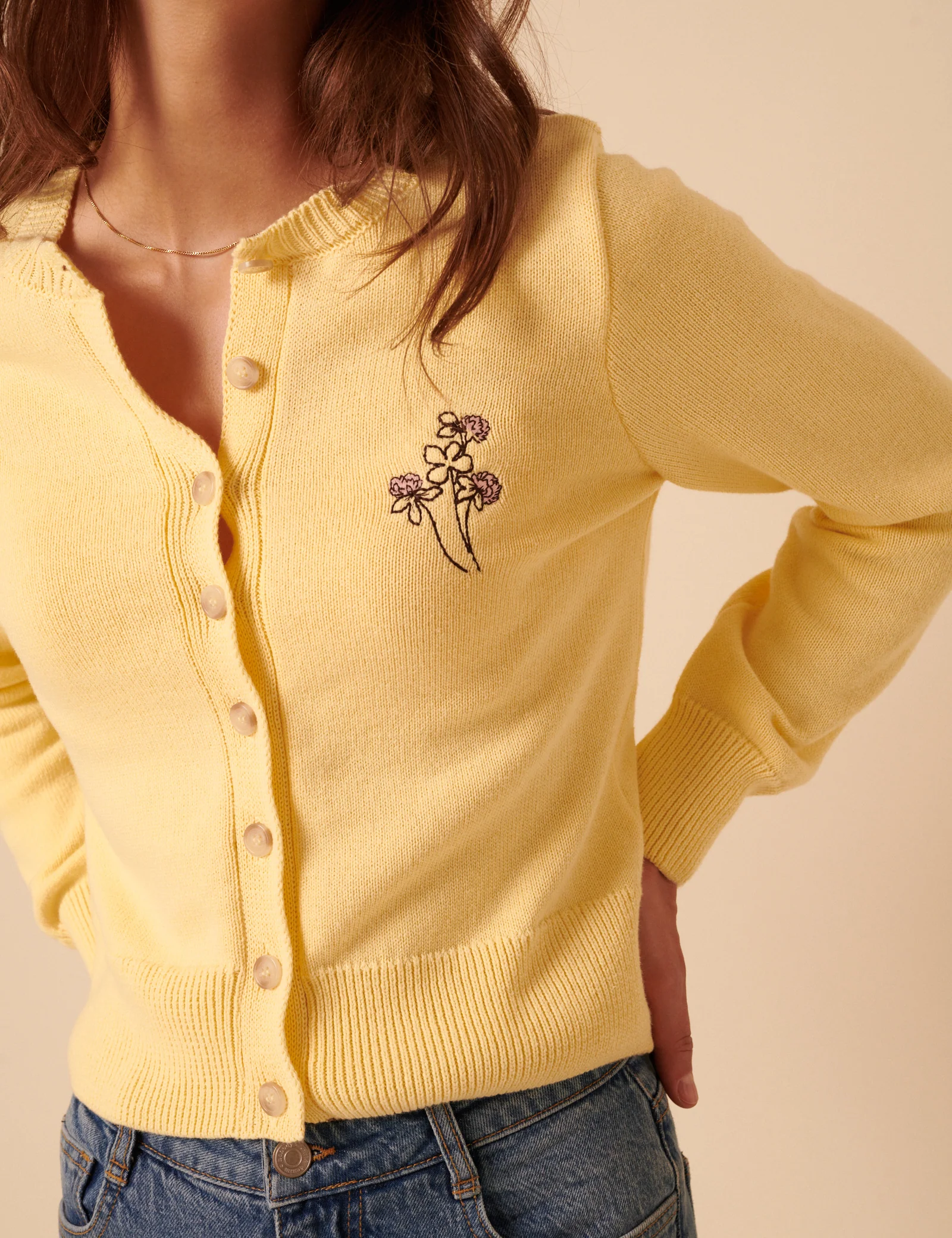 Yellow Embroidered Crew Neck Cardigan - Image 2
