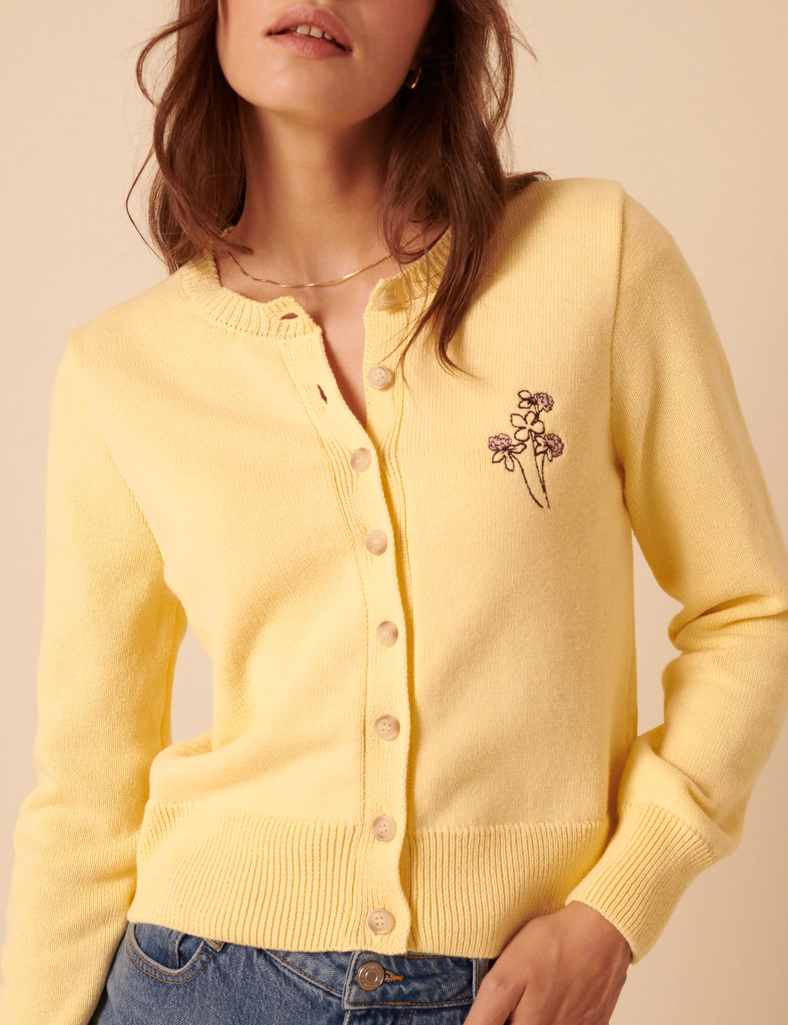 Yellow Embroidered Crew Neck Cardigan - Image 5