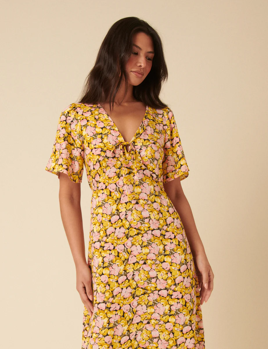 Yellow Floral Frill Sleeve Dalia Midi Dress - Image 3