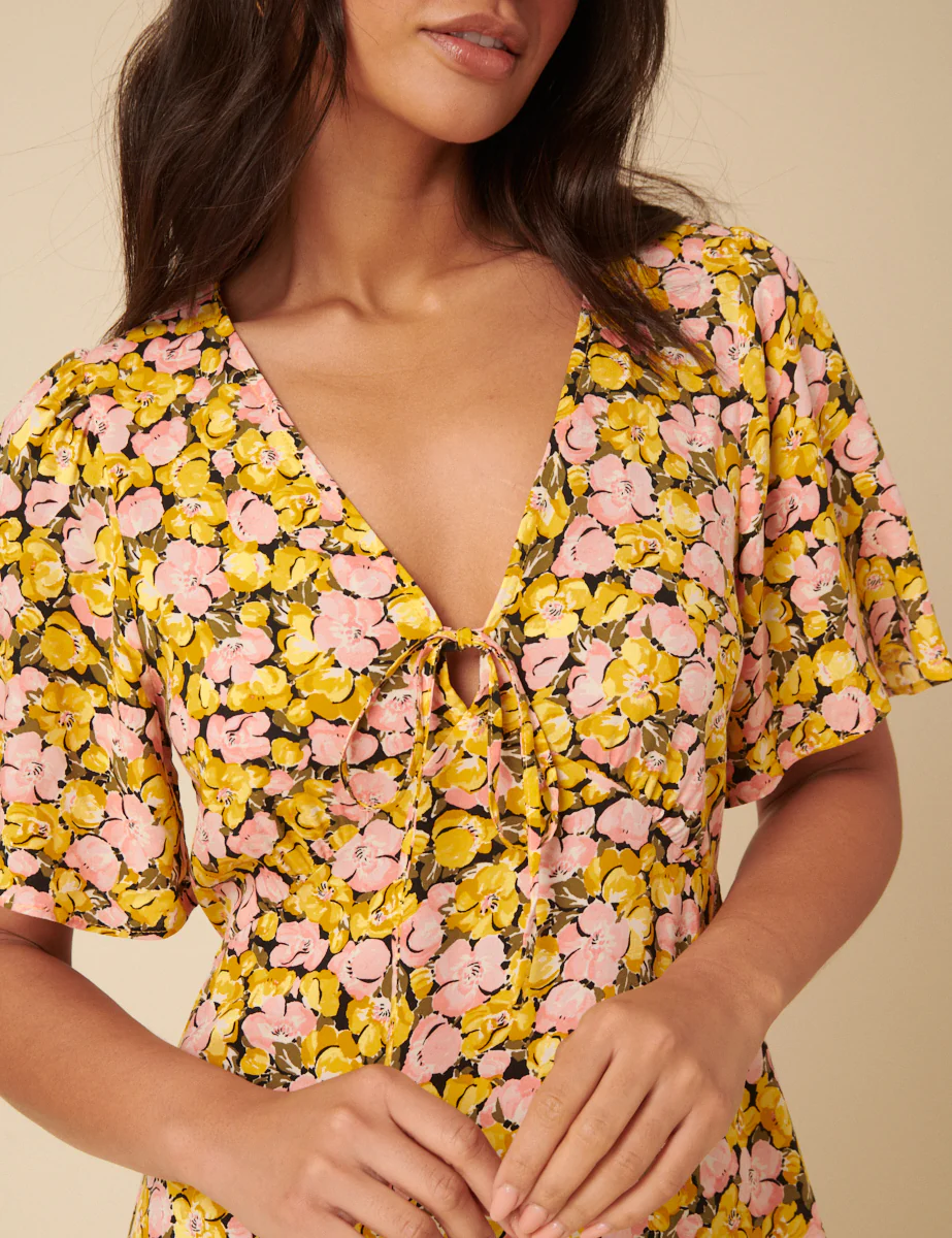Yellow Floral Frill Sleeve Dalia Midi Dress - Image 4