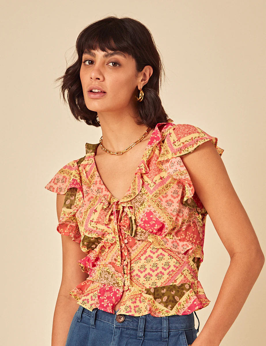 Yellow Patchwork Print Frill Top - Image 3