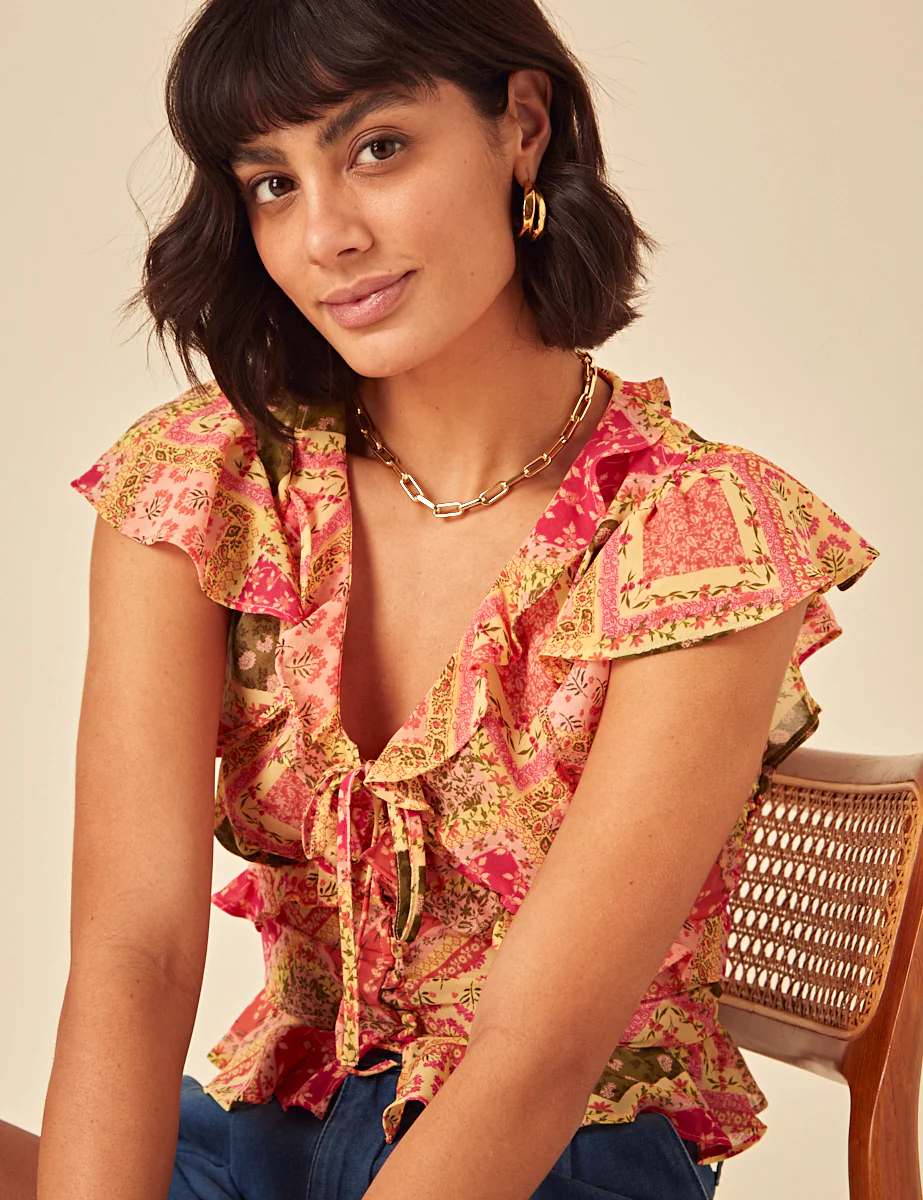 Yellow Patchwork Print Frill Top - Image 4