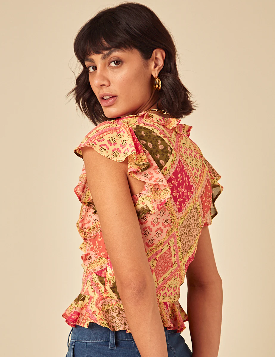 Yellow Patchwork Print Frill Top - Image 6