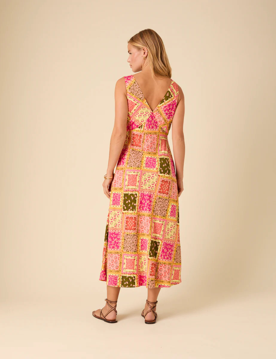 Yellow Patchwork Twist Front Athena Midi Dress - Image 3