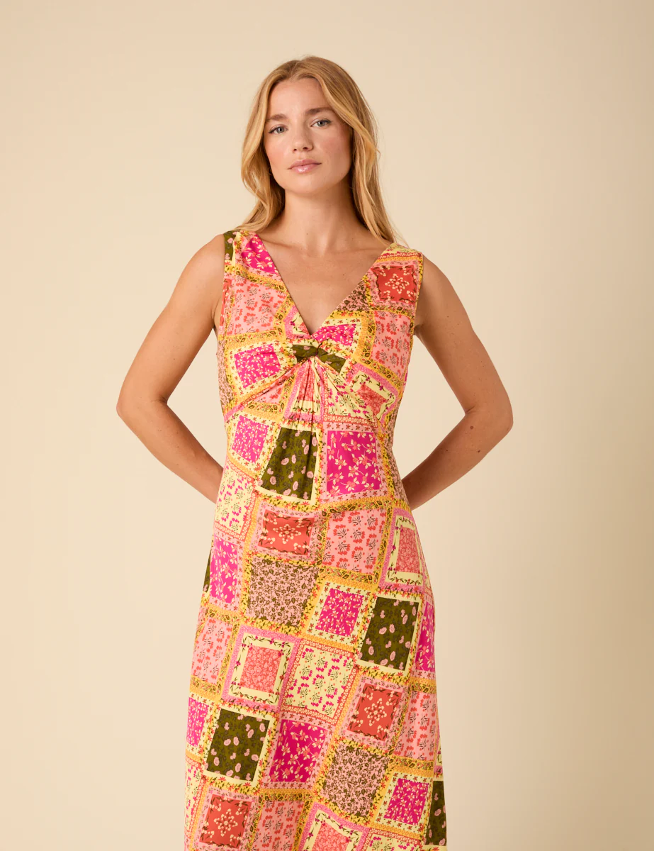 Yellow Patchwork Twist Front Athena Midi Dress - Image 4