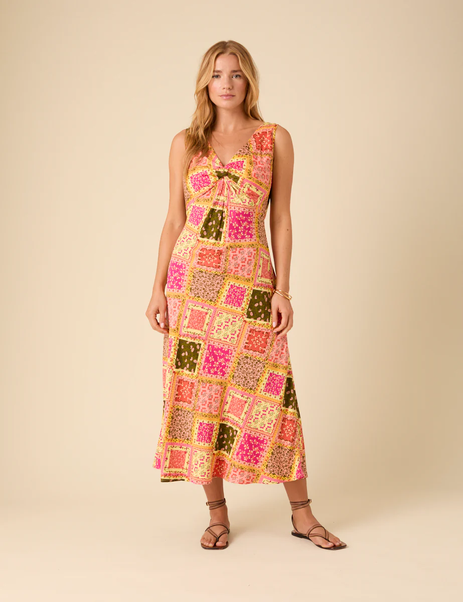 Yellow Patchwork Twist Front Athena Midi Dress - Image 5