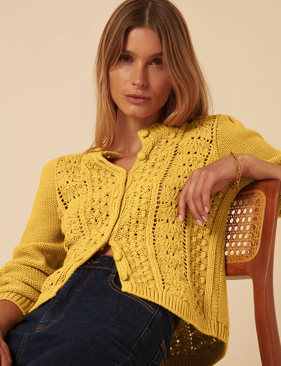 Yellow Pointelle Button Down Knitted Cardigan - Image 3