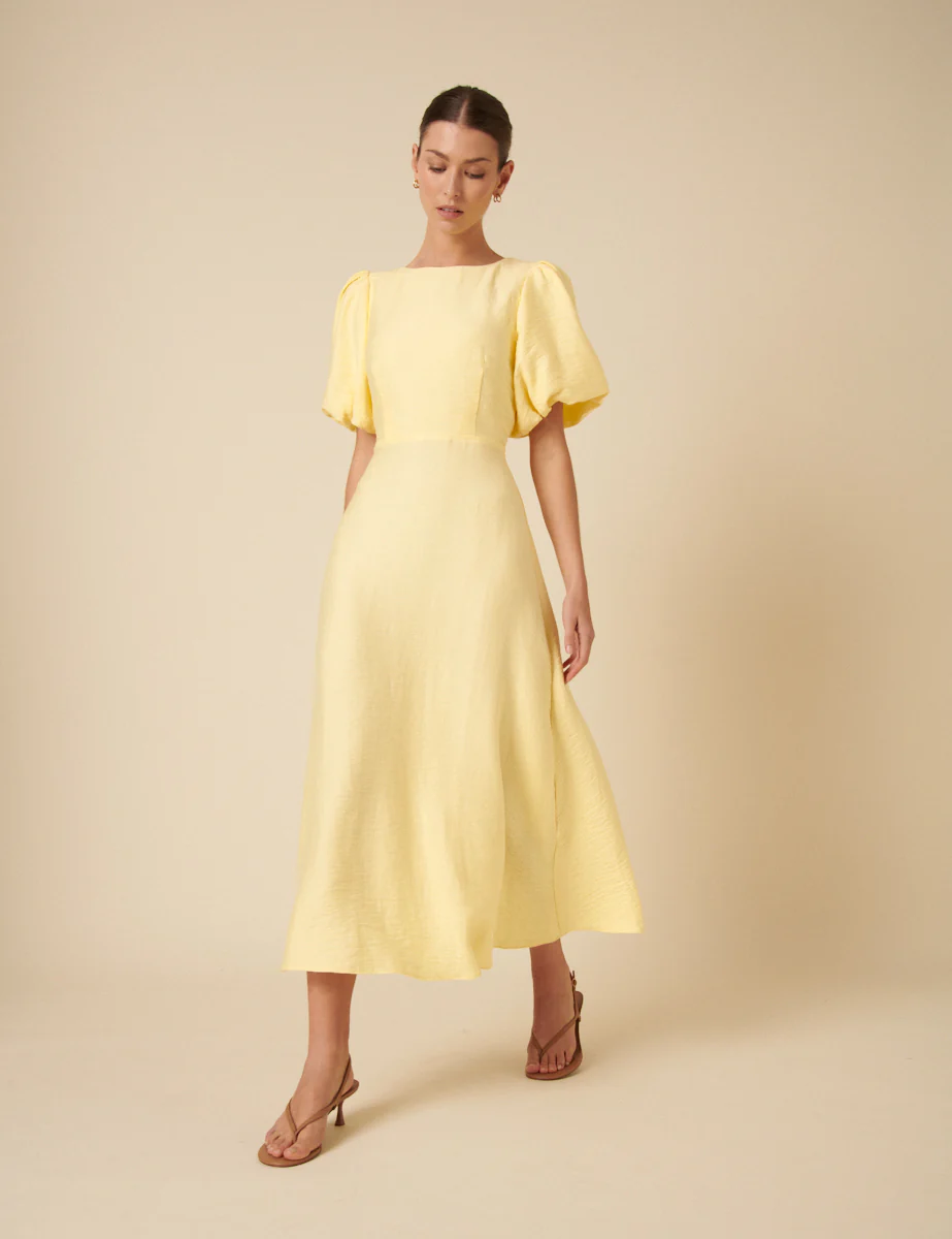 Butter Yellow Puff Sleeve Zola Midi Dress - Image 3