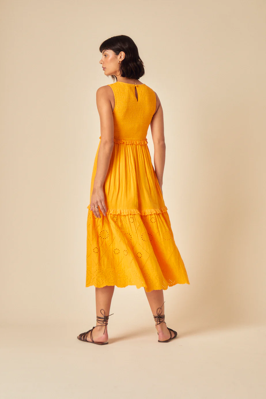 Yellow Ruched Tiered Blossom Midi Dress - Image 5